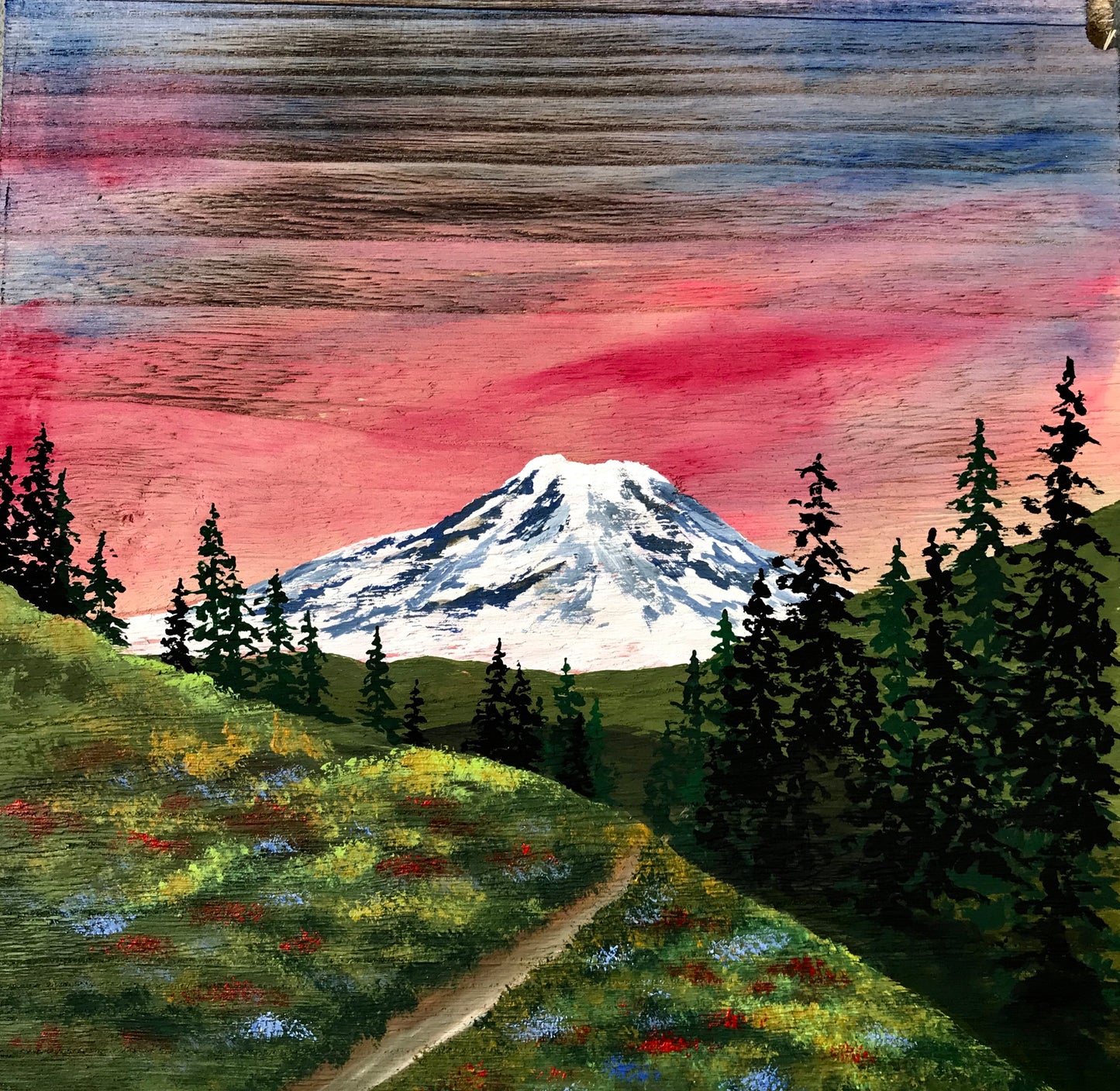 Mt Rainier trail painting wood decor barnwood art