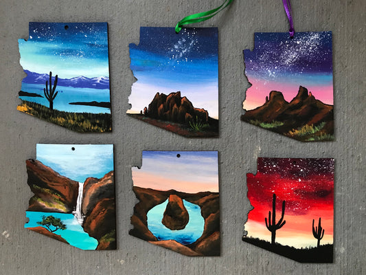Set of six Arizona senic landscape wood ornaments