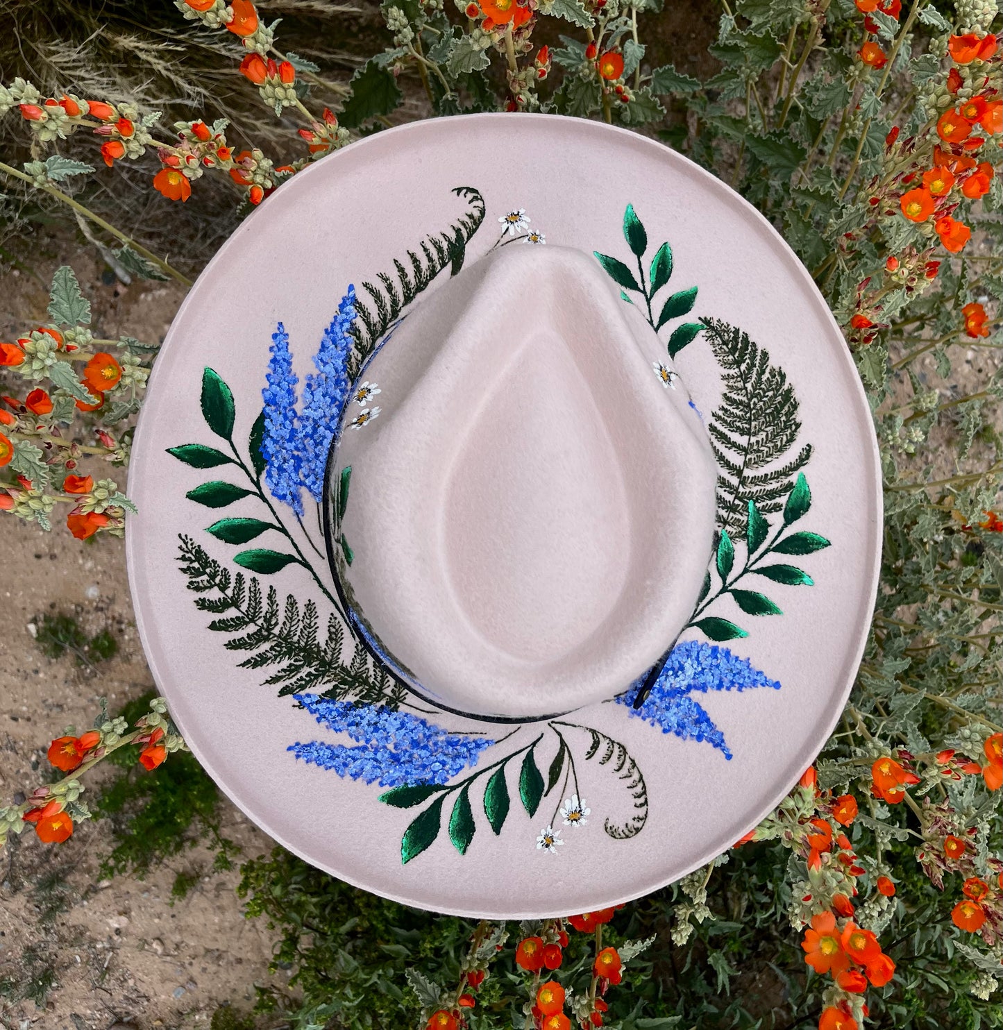 Botanical crown blue ivory suede wide brim rancher hat