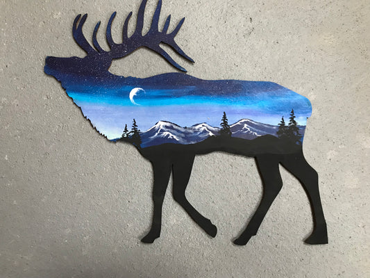 Elk blue mountain wood cutout painting