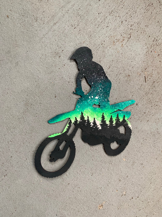 Dirt bike green gradient wood cutout painting