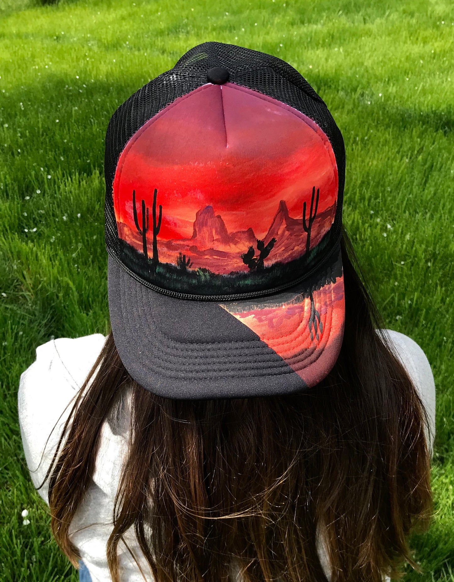 Red desert custom trucker hat handpainted SnapBack