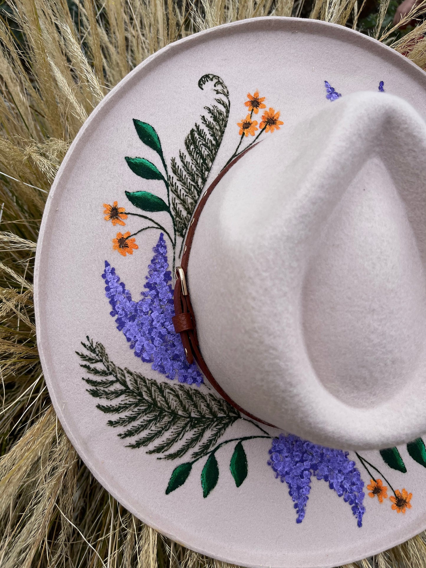 Botanical crown lilacs ivory suede wide brim rancher hat