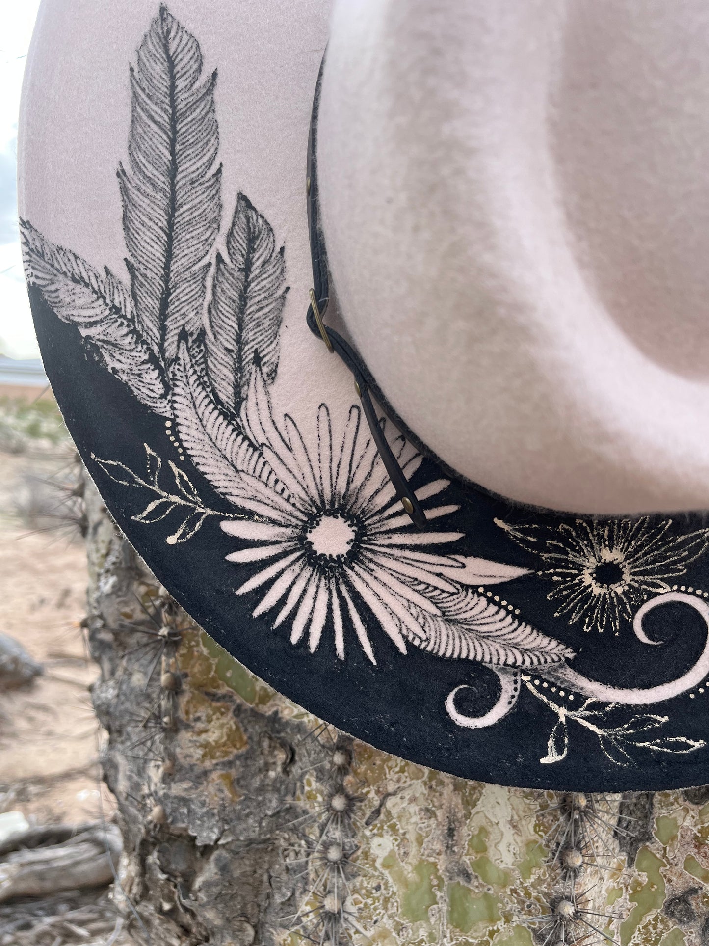 Western boho floral feather ivory felt wide brim rancher hat