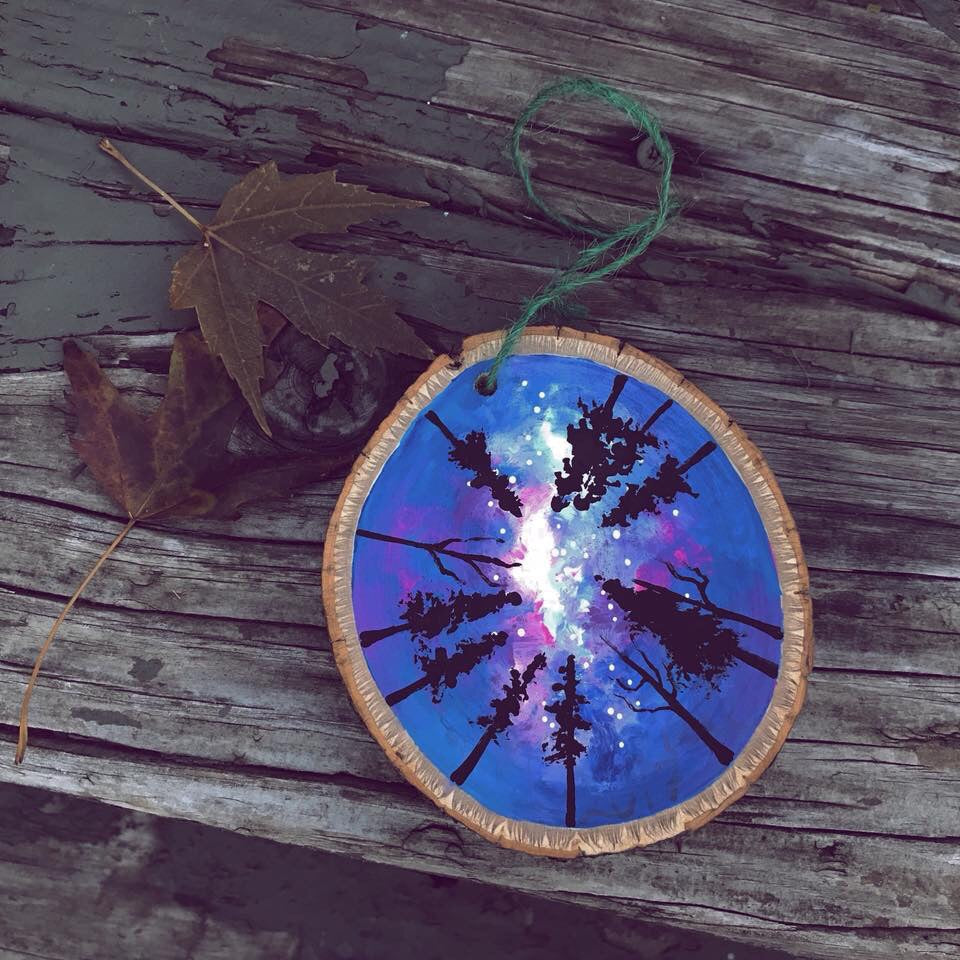 Purple galaxy tree wood painted ornament