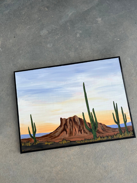 Minimal desert painting superstion mountains on framed wood