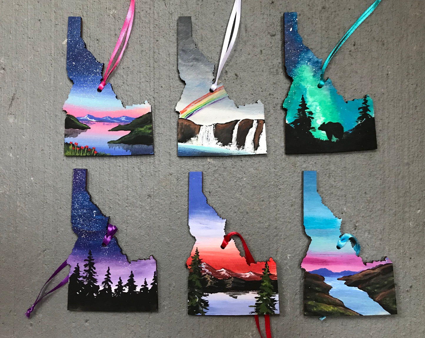 Set of six Idaho senic landscape wood ornaments