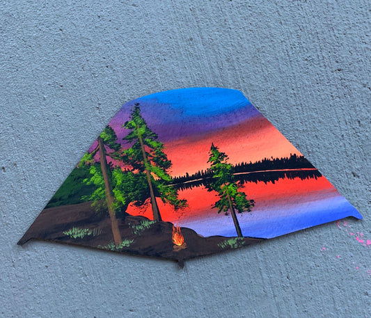 Tent sunset lake wood cutout painting