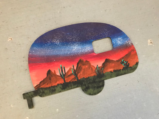 Trailer camper desert wood cutout painting