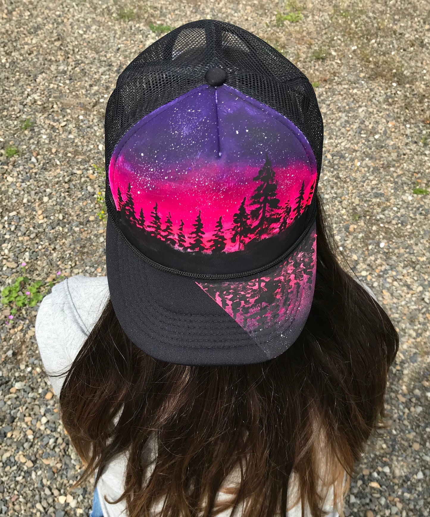 Pink tree custom trucker hat handpainted SnapBack
