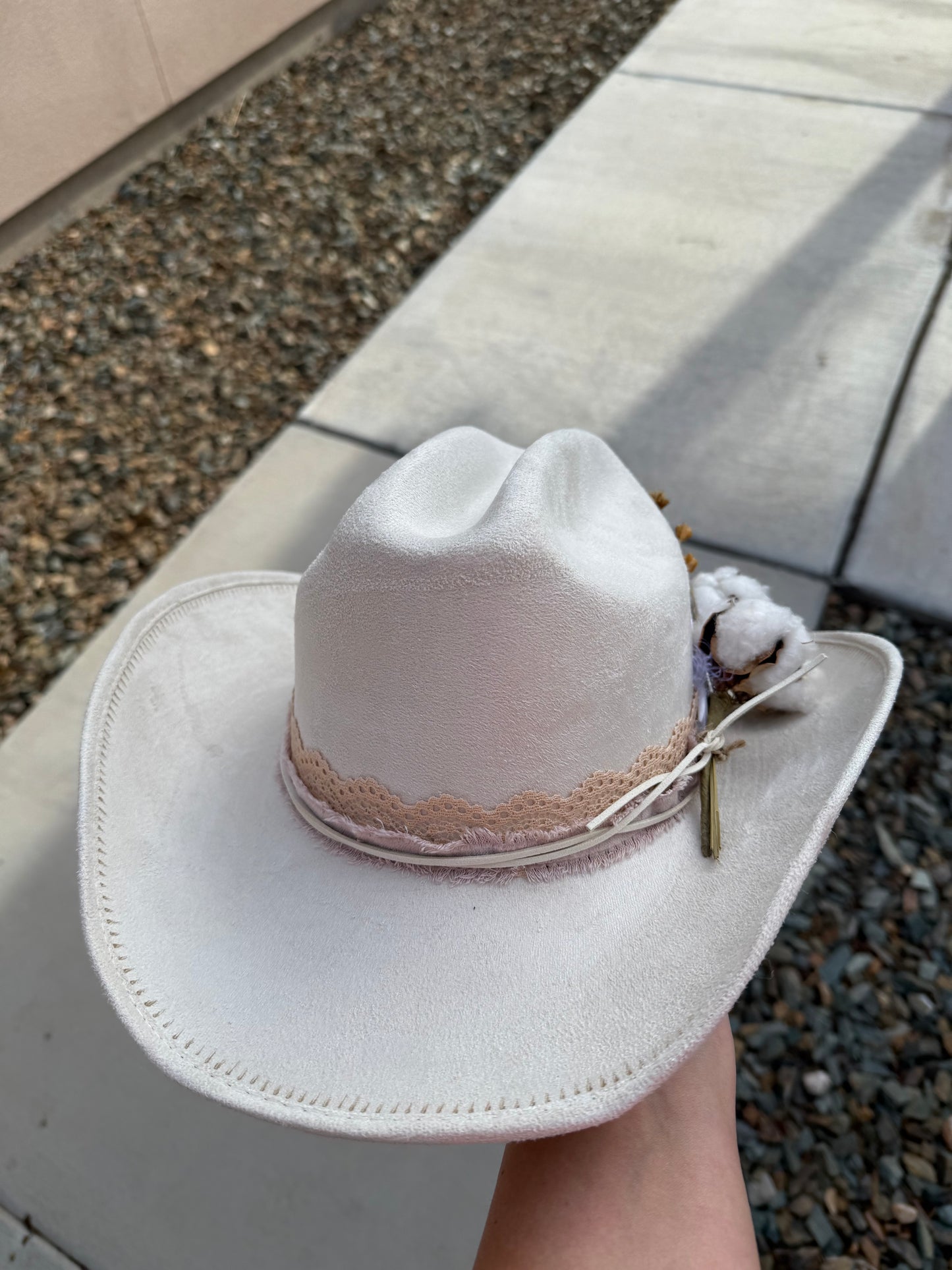 Ivory steer head cotton bridal  burned suede wide brim rancher hat