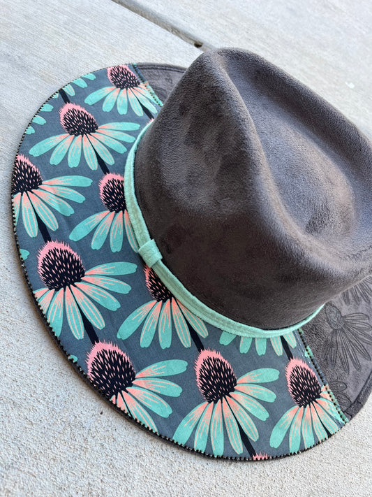 Floral grey fabric lined floral burned bee suede wide brim rancher hat