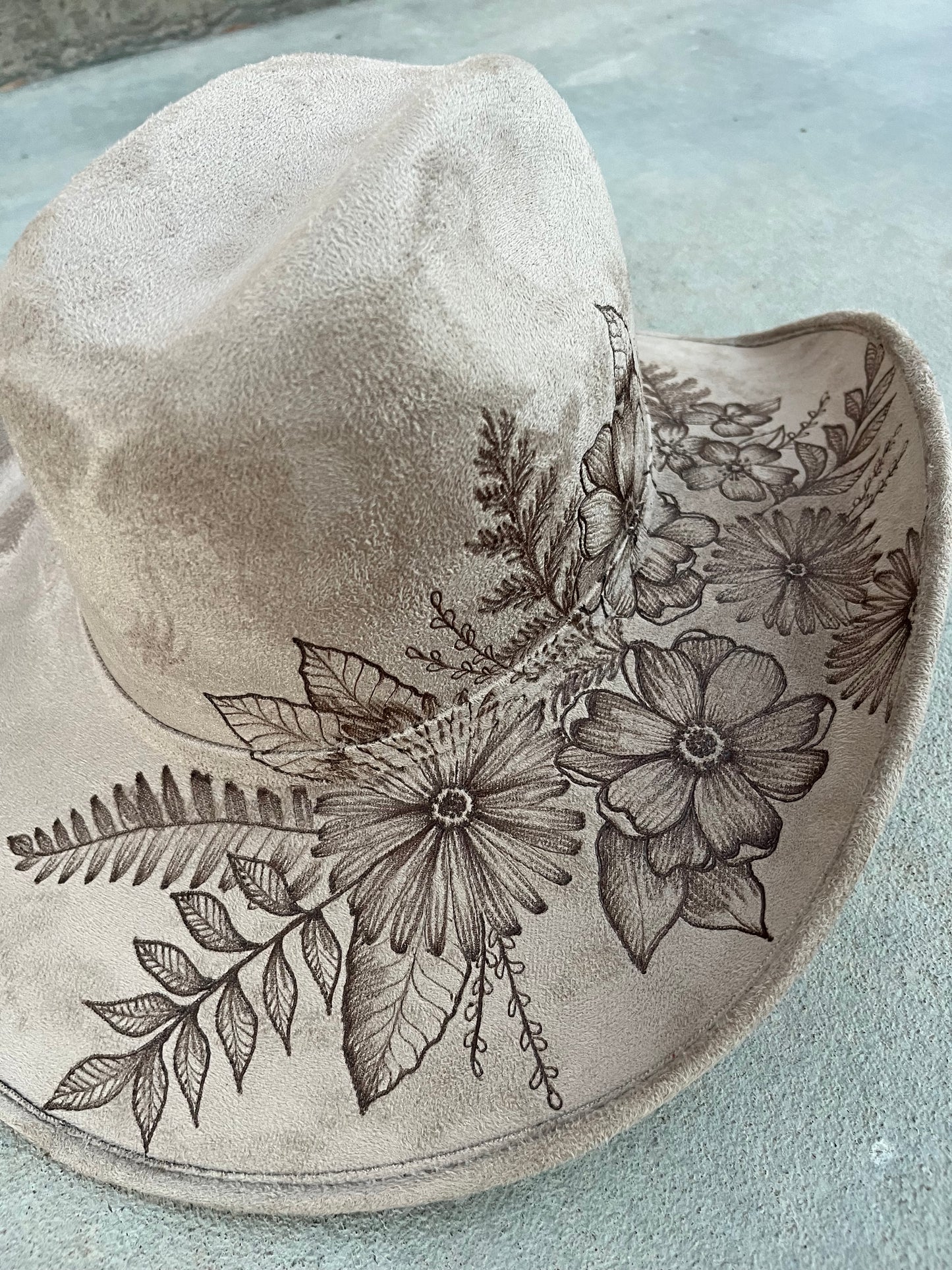 Taupe floral  cowboy burned suede wide brim hat