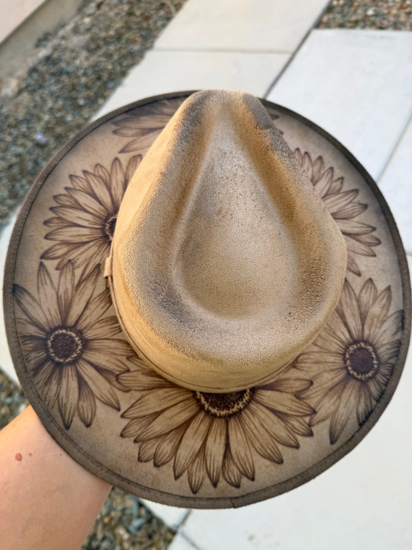 Sunflower floral  tan burned suede wide brim rancher hatl