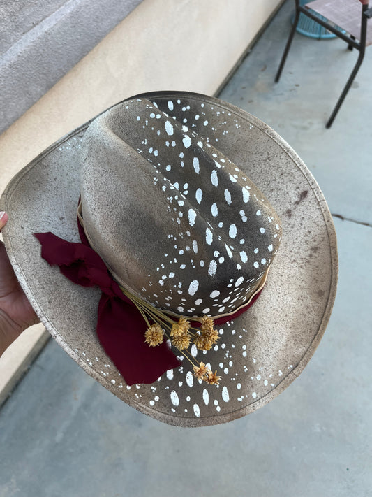 Fawn deer hand painted suede wide brim cowboy  hat