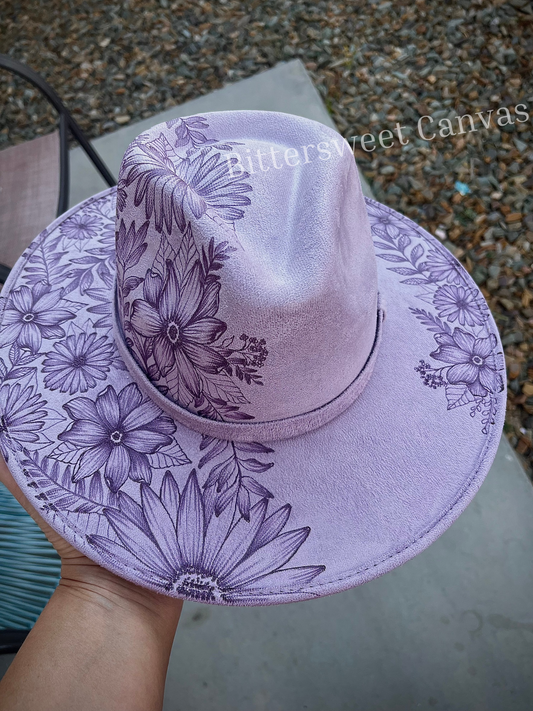 Lavender floral suede wide brim rancher hat