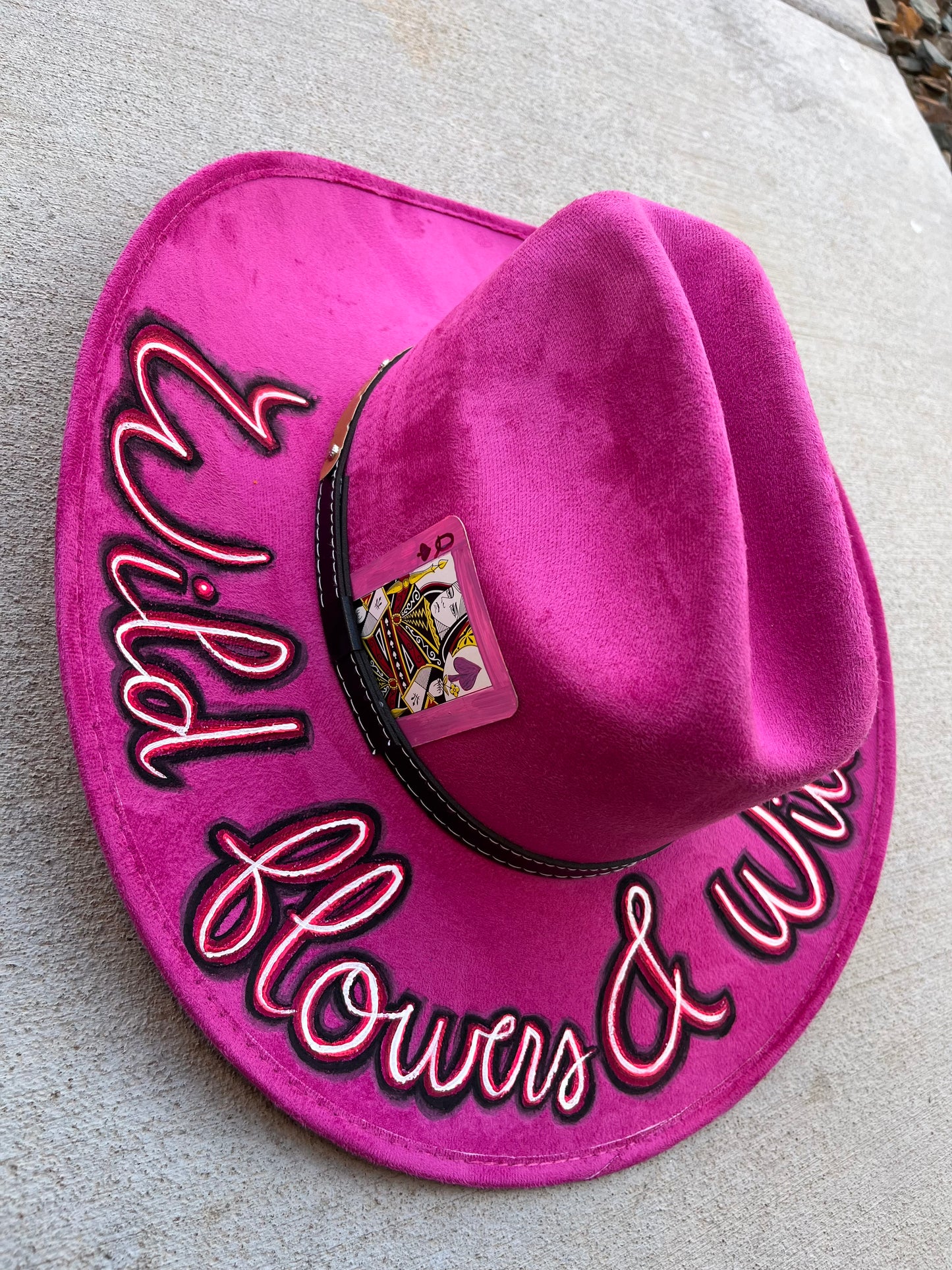 Pink wildflowers burned suede wide brim cowboy hat