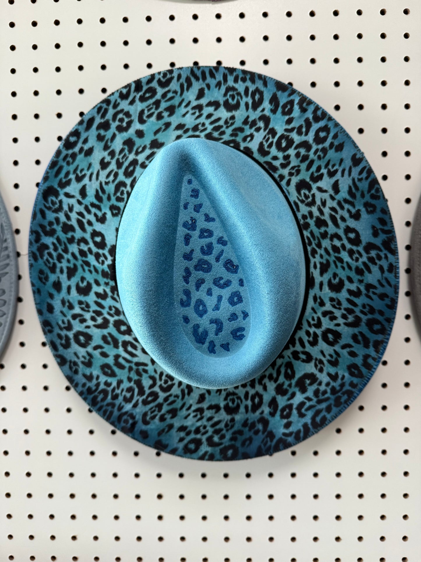 Blue leopard burned wide brim rancher hat