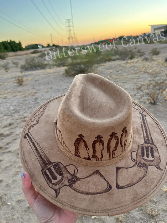 Tan I’m your huckleberry tombstone revolvers burned suede wide brim rancher hat