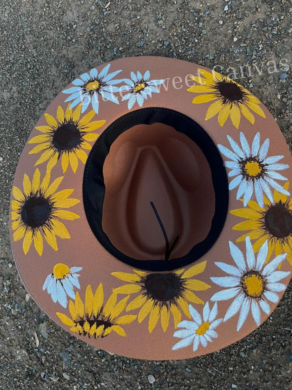 Tan sunflower daisy floral felt wide brim rancher hat