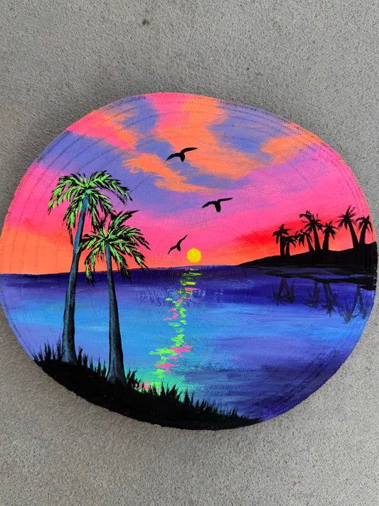 Neon beach wood round painting