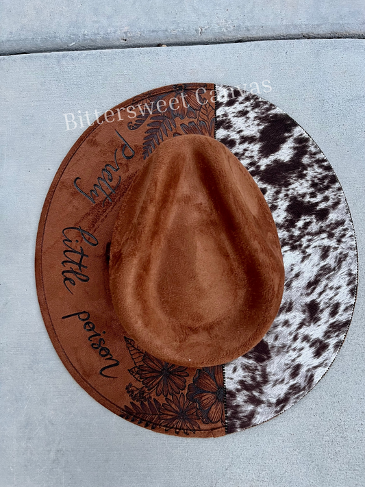 Pretty little poison tobacco cow fabric lined burned suede wide brim rancher hat