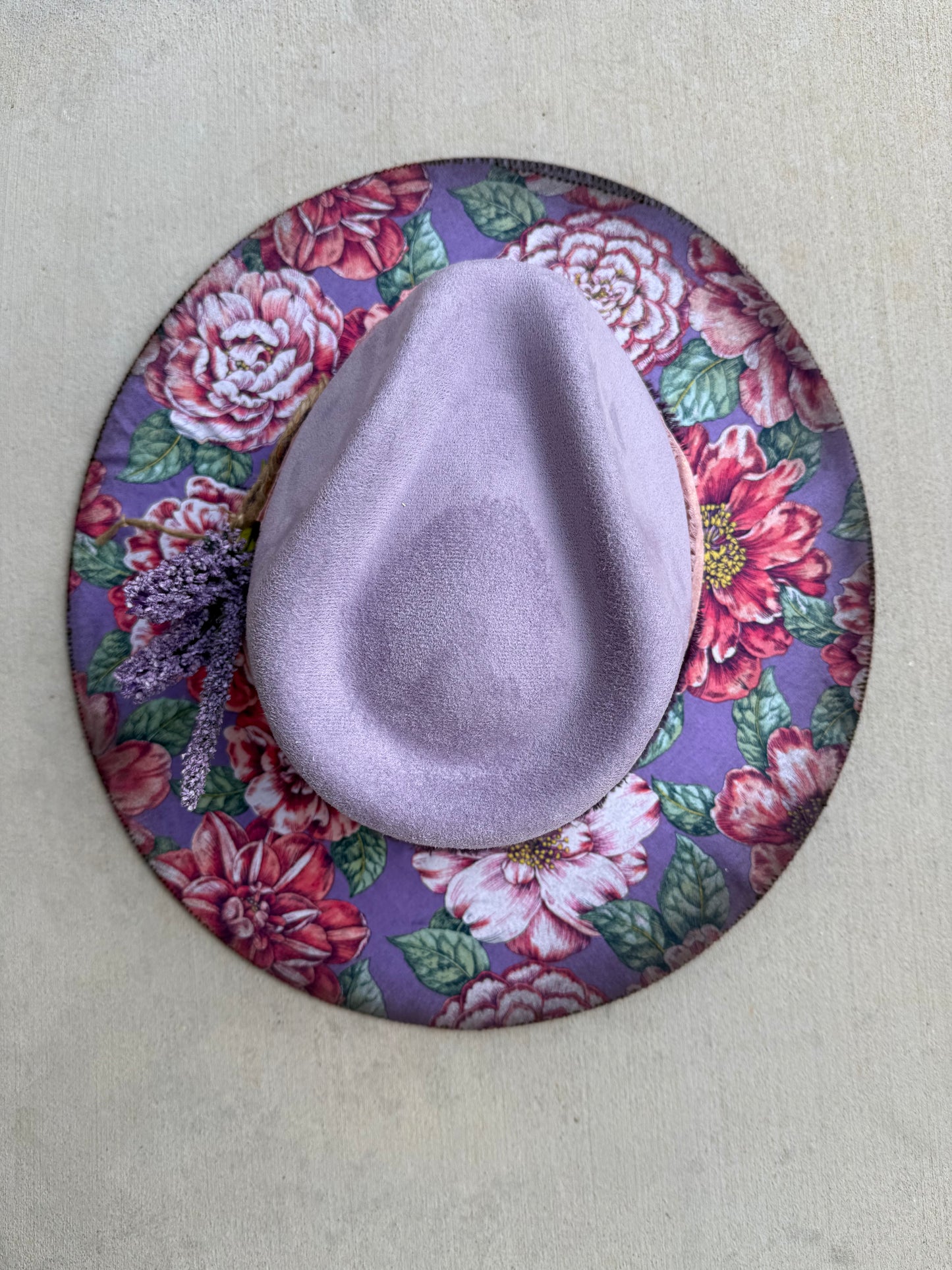 Lavender floral suede wide brim rancher hat