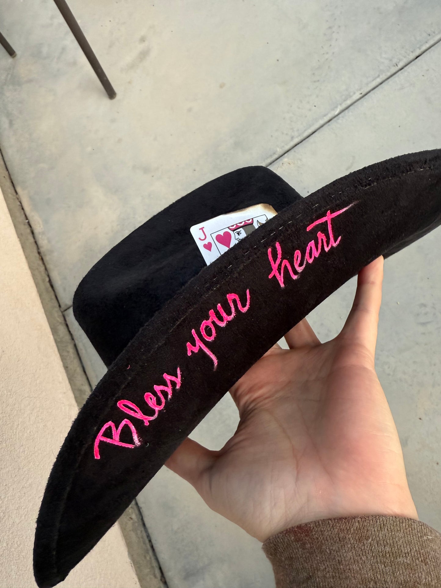 Black floral bless your heart burned suede wide brim rancher hat