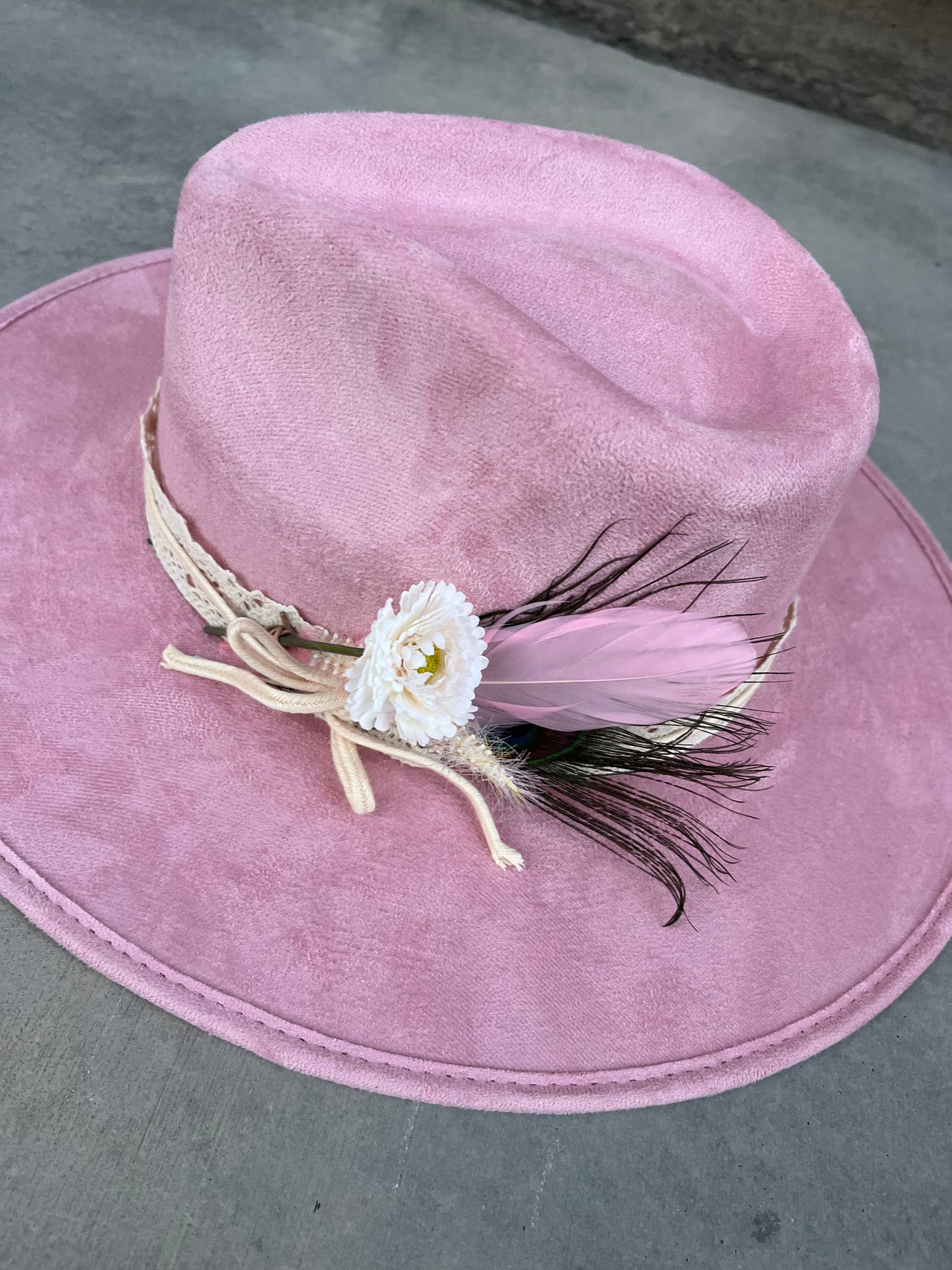 Pink floral lace suede wide brim rancher hat