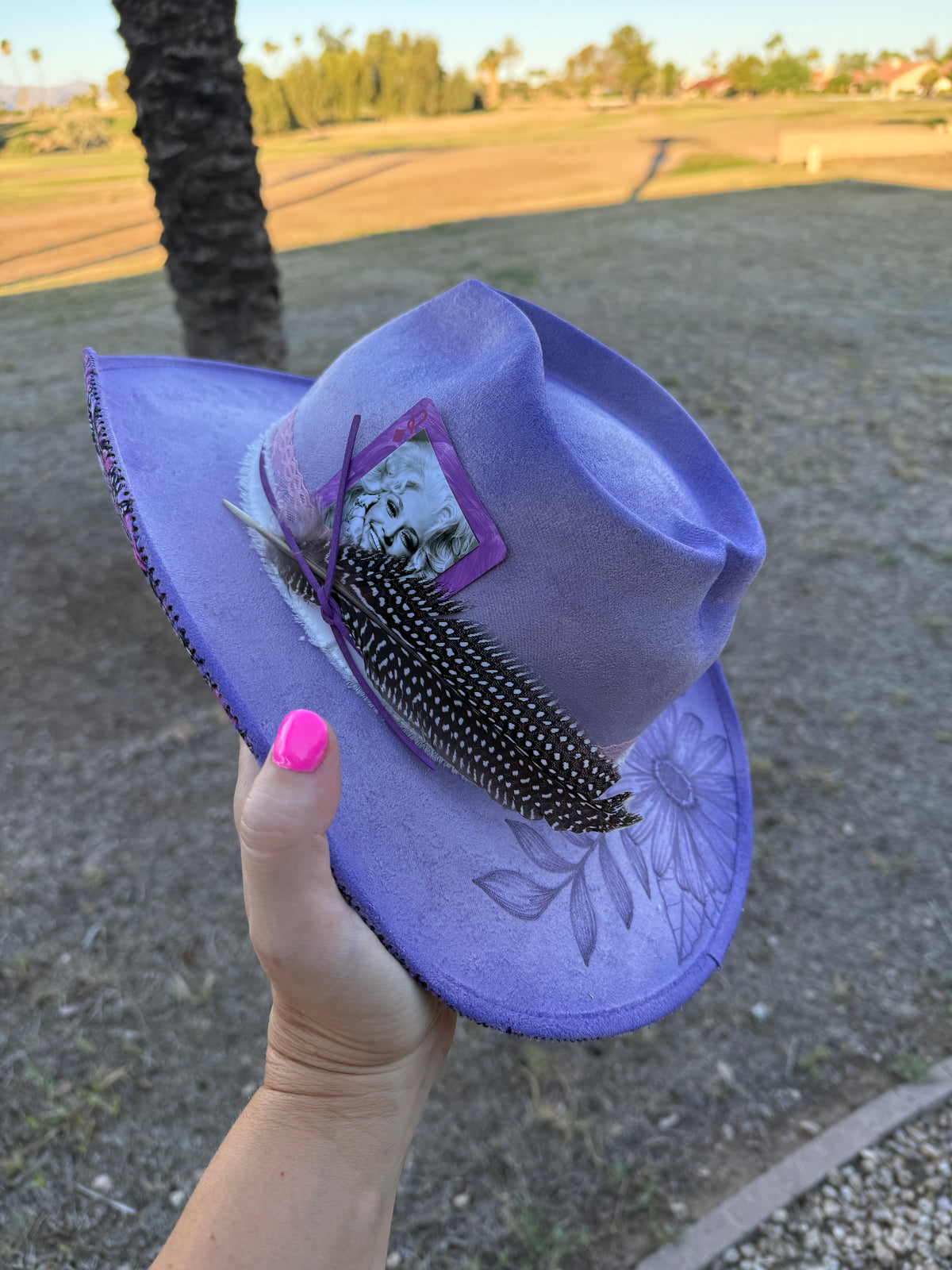 Lavender butterfly heart corazon dolly  burned suede wide brim rancher hat