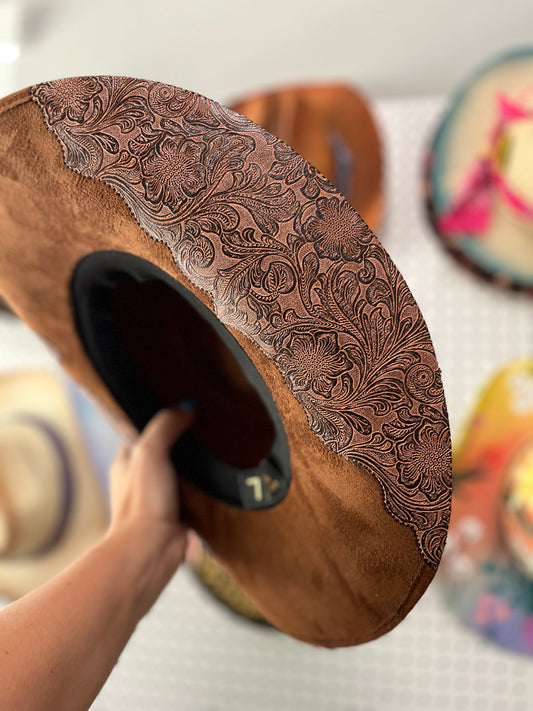 Tooled leather floral tobacco burned suede wide brim cowboy  hat