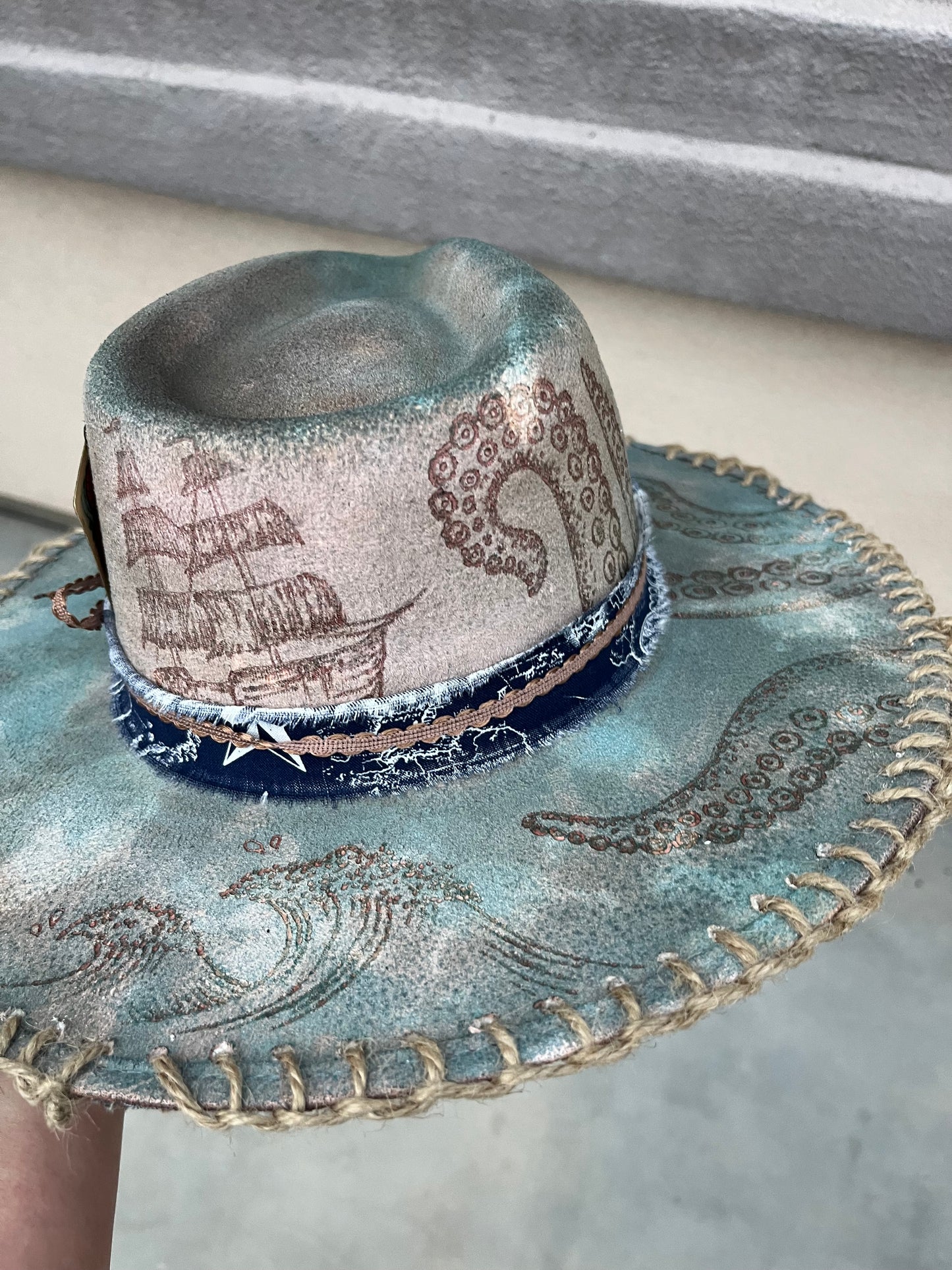 Distressed pirate nautical accessorized octopus burned accessorized suede wide brim rancher hat