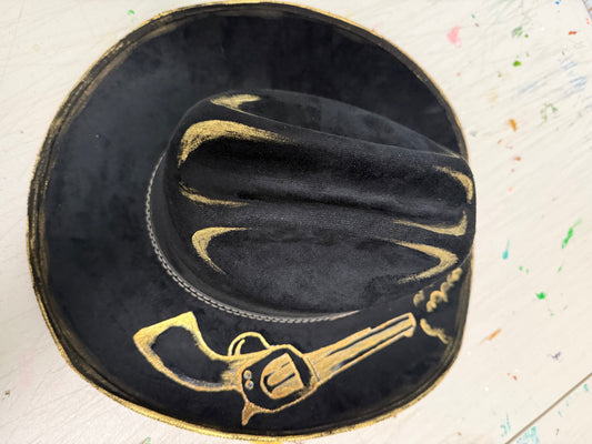 Black gold revolver suede wide brim cowboy hat