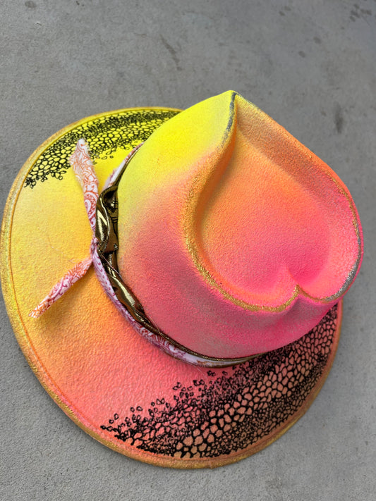 Neon reptile skin heart crown burned accessorized suede wide brim rancher hat