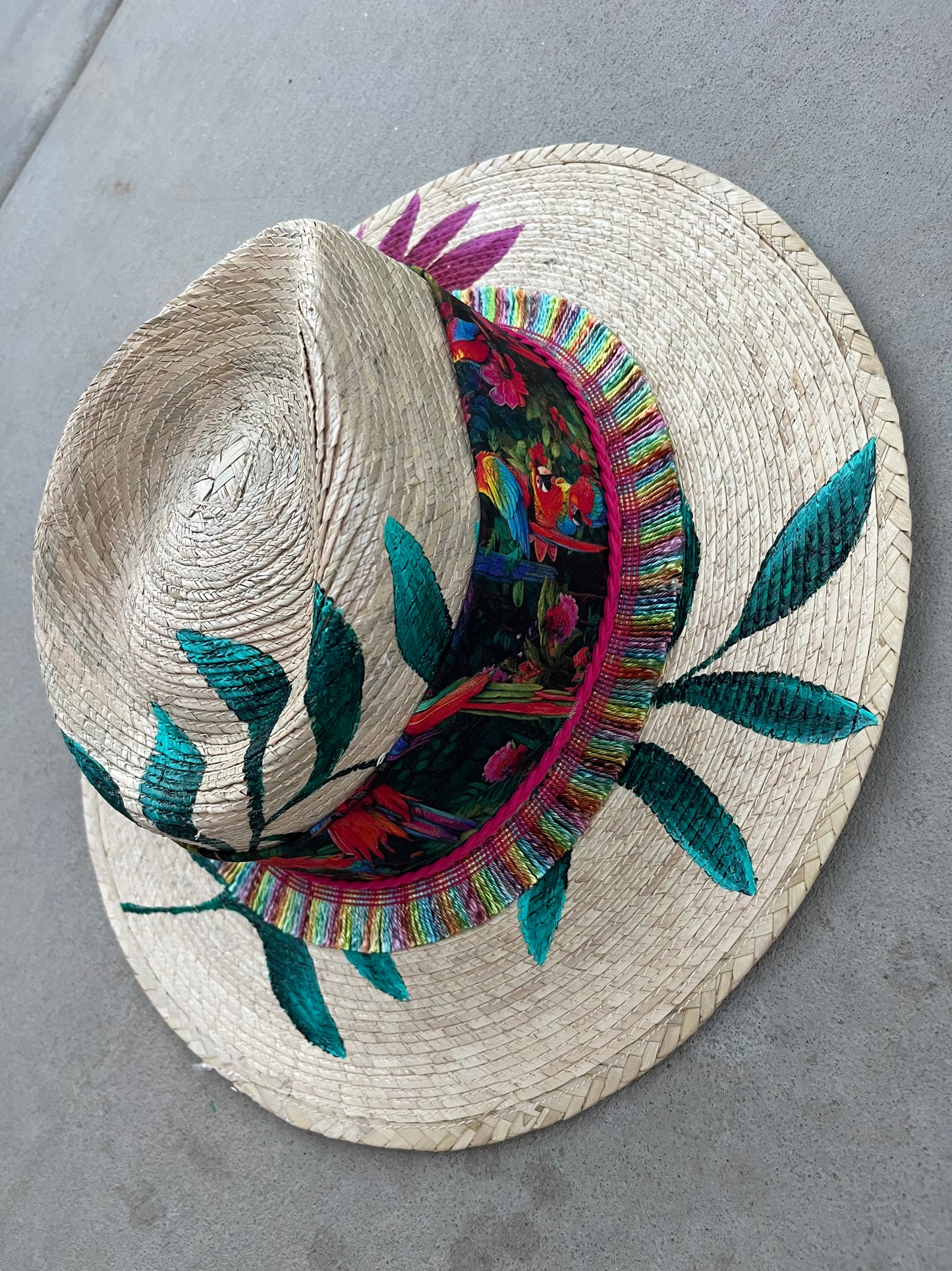 Palm leaf tropical beach straw wide brim rancher hat