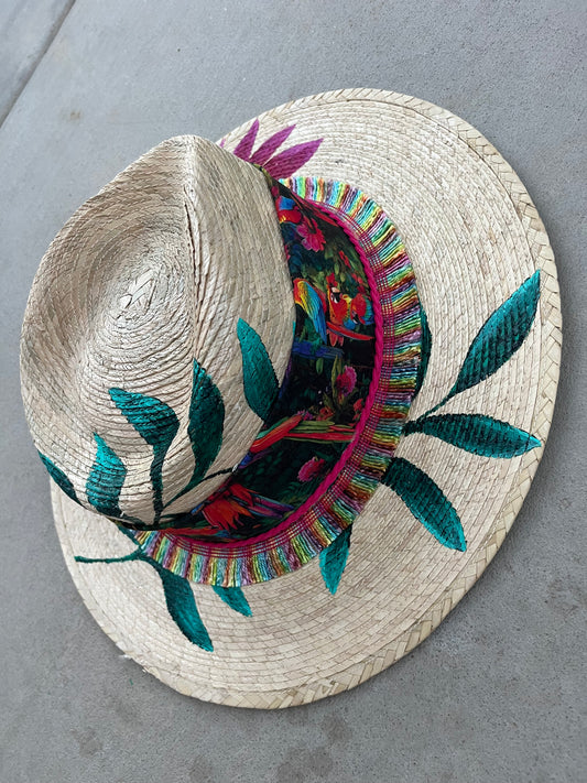 Palm leaf tropical beach straw wide brim rancher hat