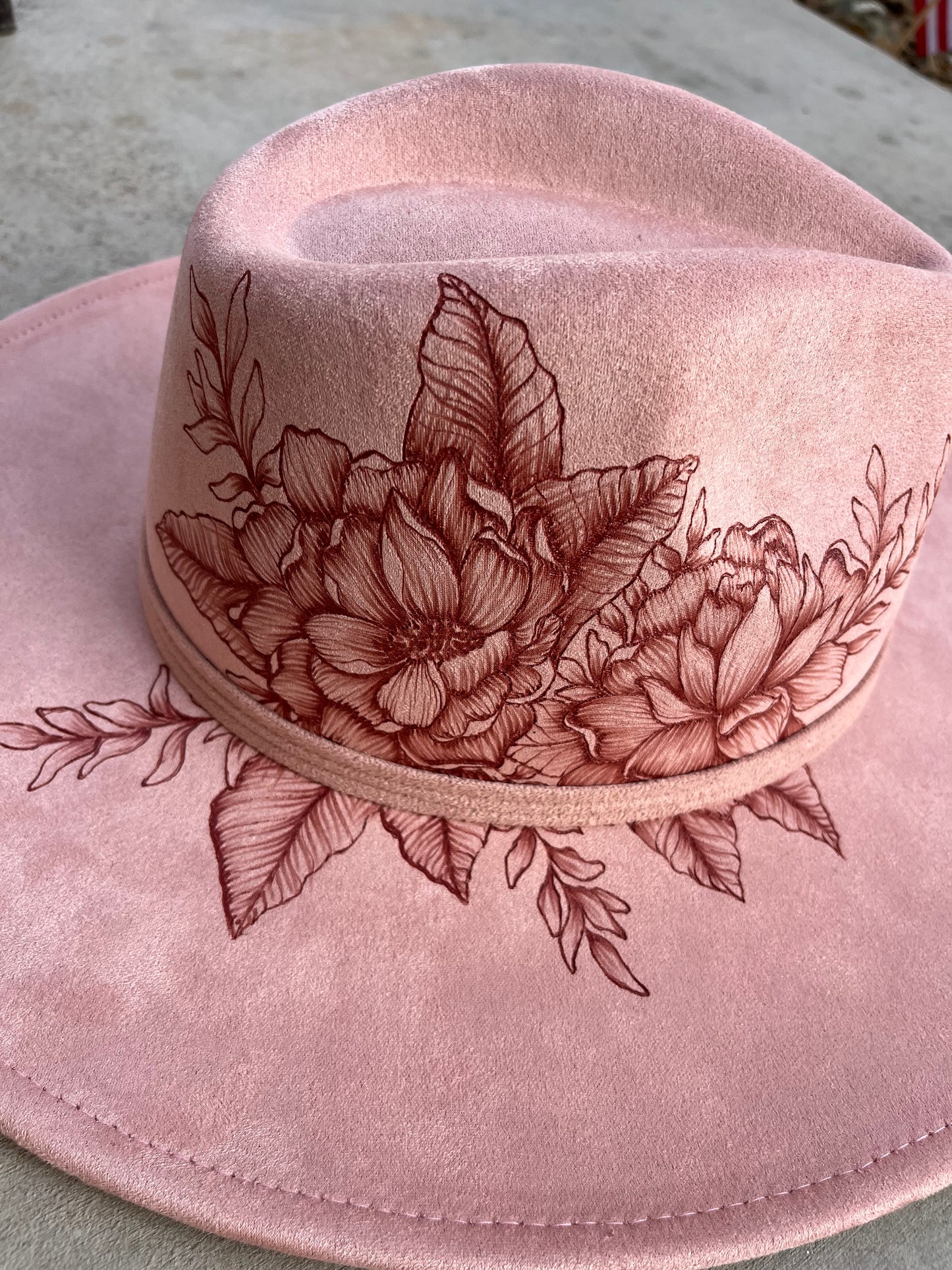 Blush pink floral suede wide brim rancher hat