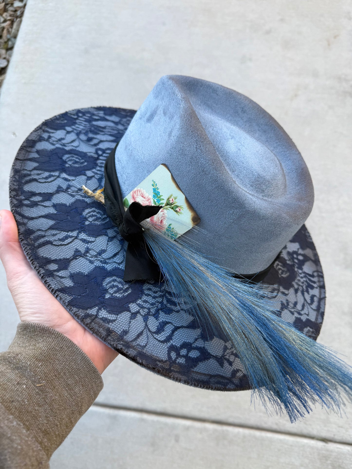 Blue lace overlay suede wide brim rancher hat