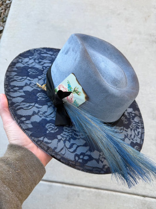 Blue lace overlay suede wide brim rancher hat