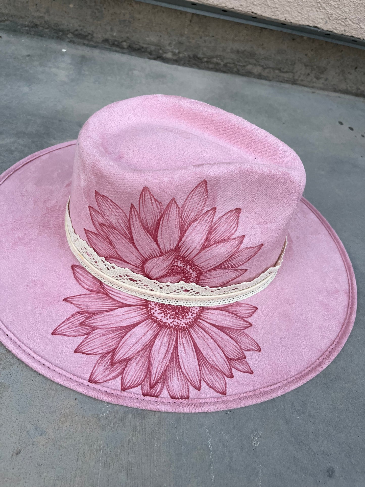 Pink floral lace suede wide brim rancher hat