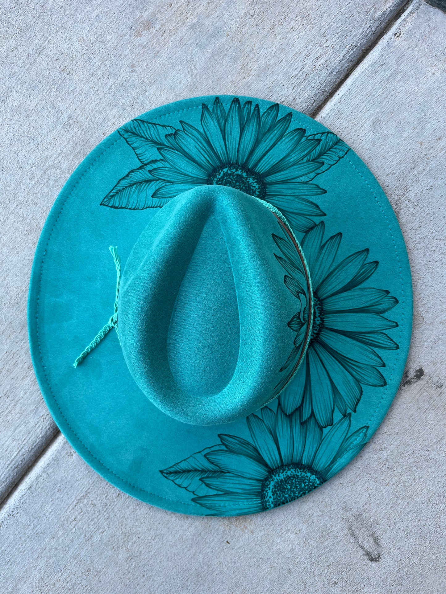 Teal sunflower burned suede wide brim rancher hat