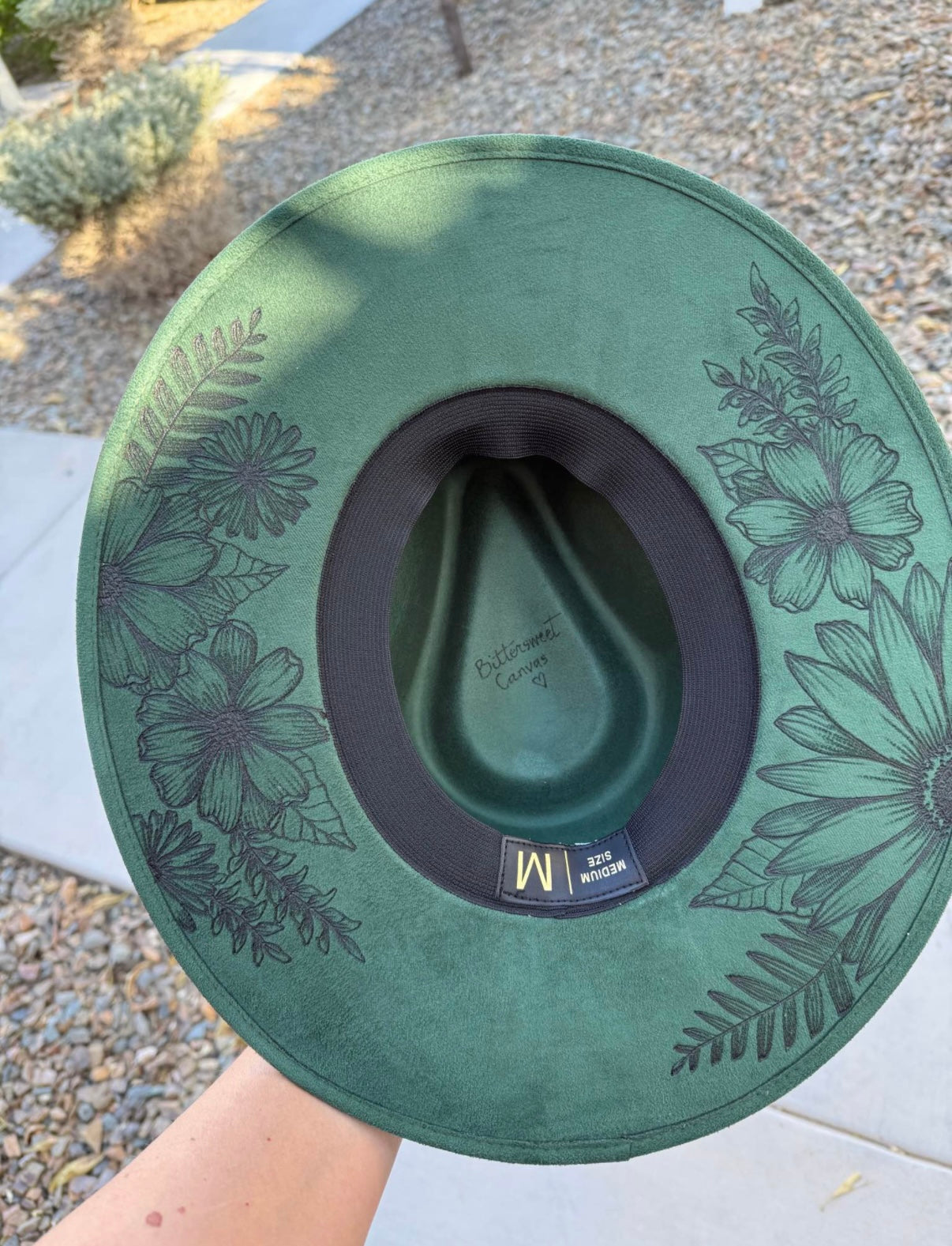 Green burned suede wide brim rancher hat