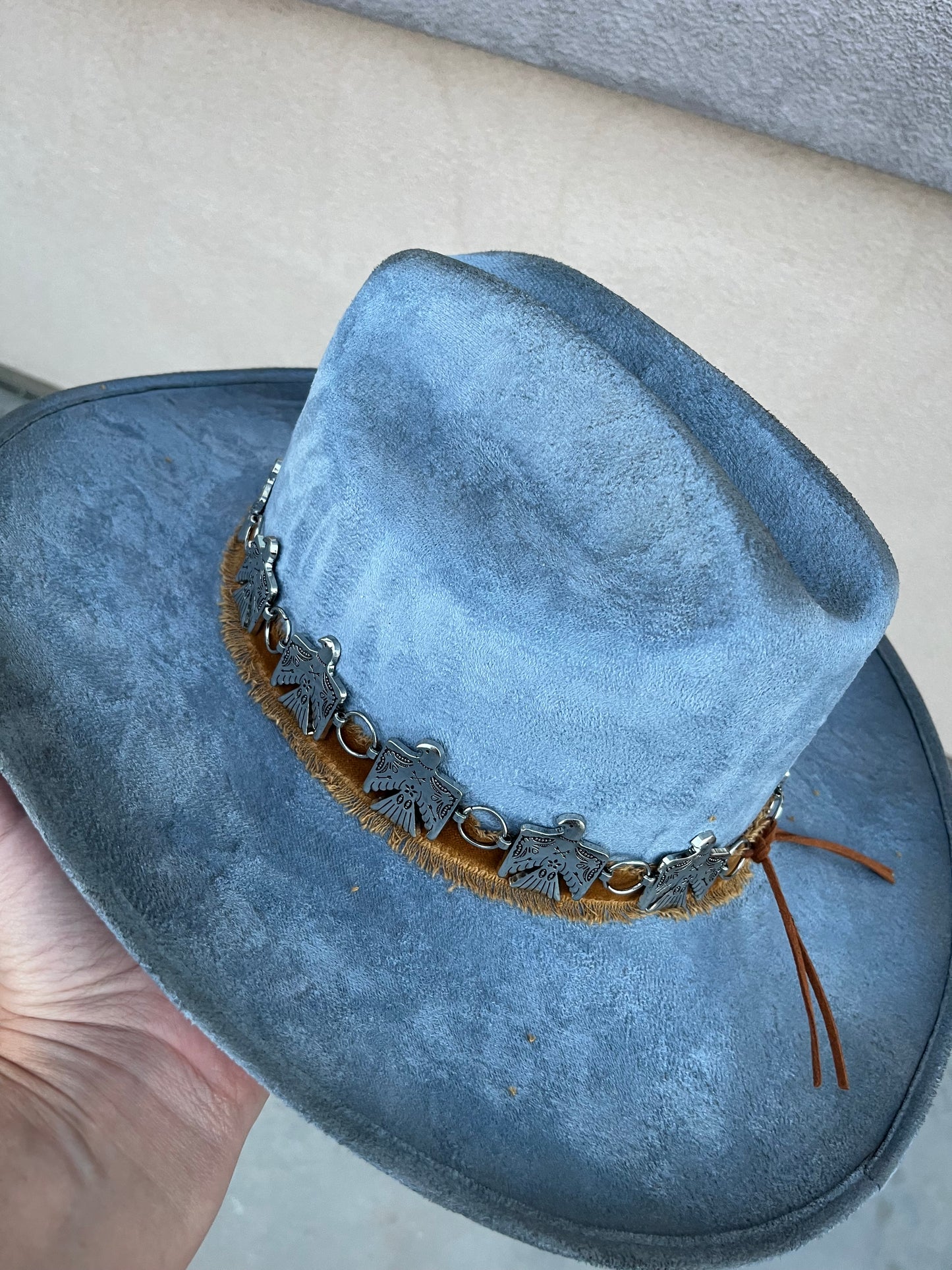 Light blue floral burned suede wide brim cowboy hat