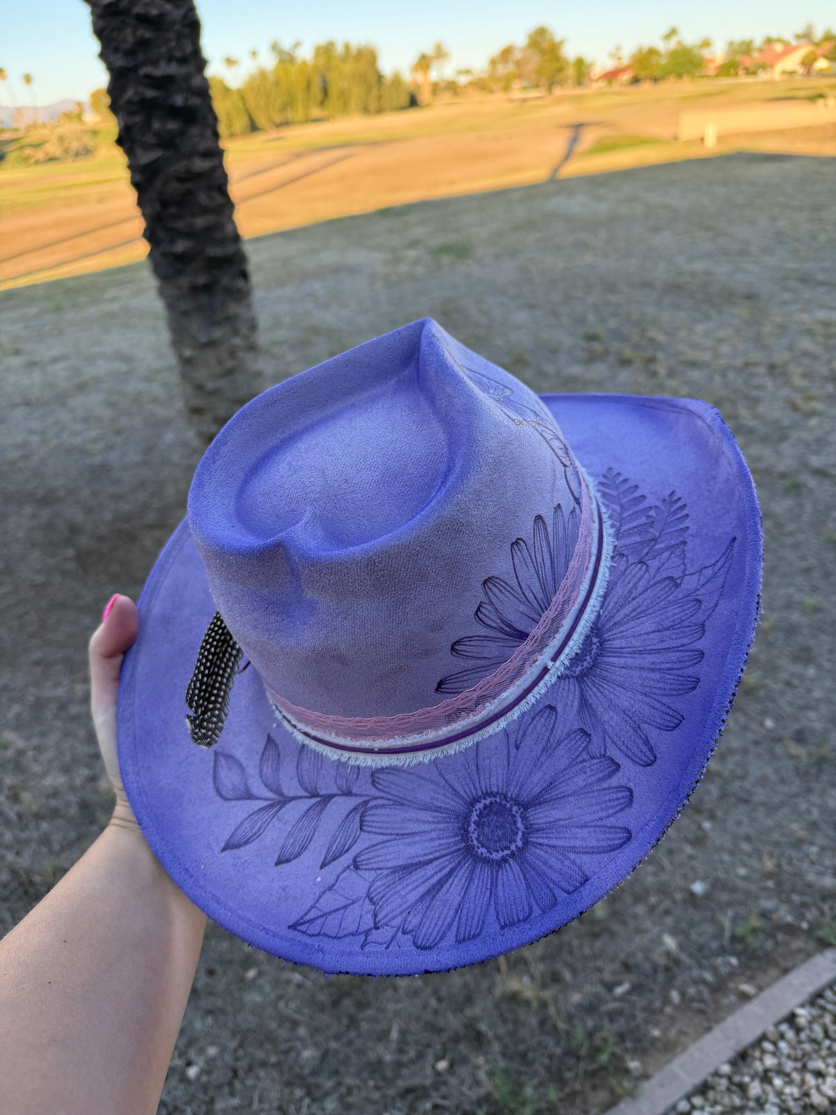 Lavender butterfly heart corazon dolly  burned suede wide brim rancher hat
