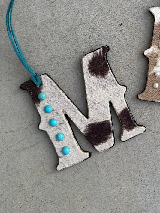 Letter initial cowhide wood ornament