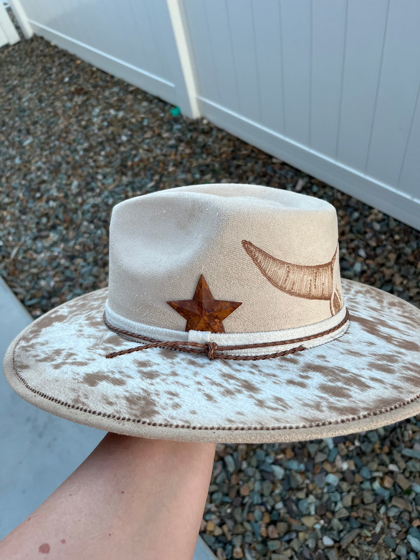 Beige steer head cow hide suede wide brim rancher hat