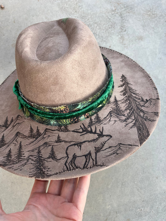 Taupe elk forest mountain burned suede wide brim rancher hat
