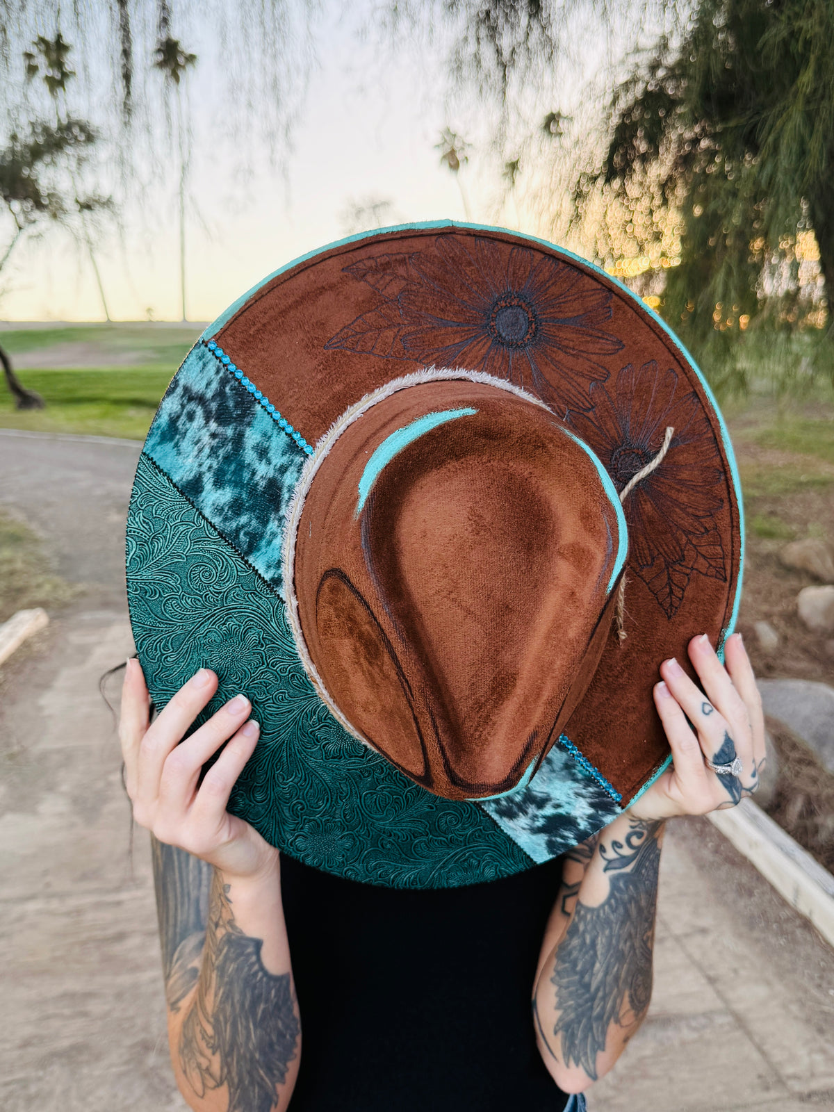 Tobacco turquoise tooled leather cowhide rhinestone burned suede wide brim rancher hat