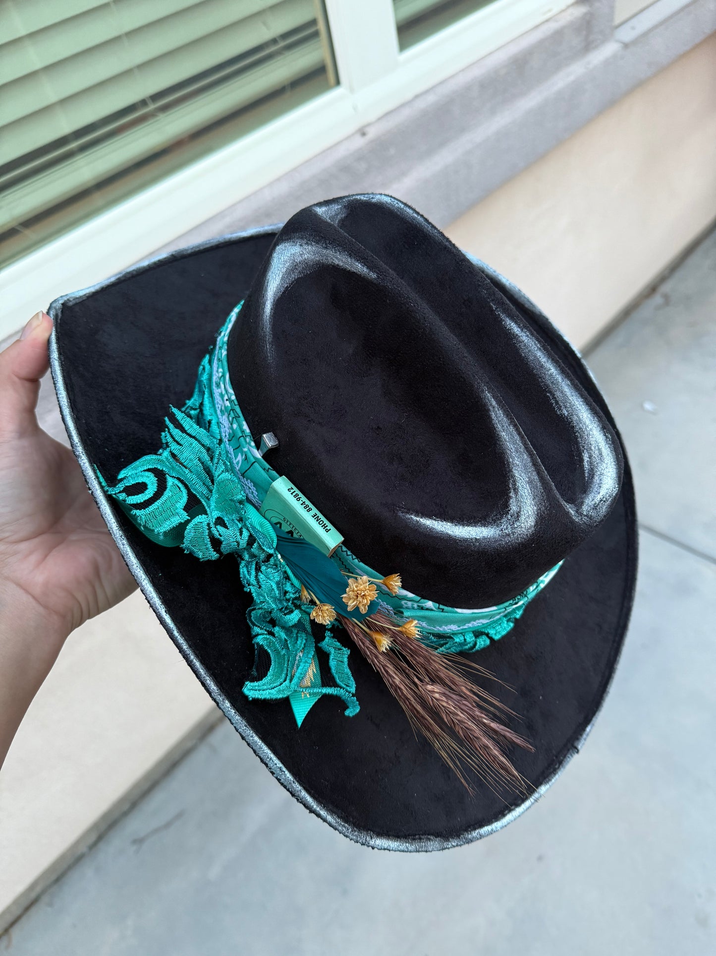 Black turquoise tooled leather suede wide brim rancher hat