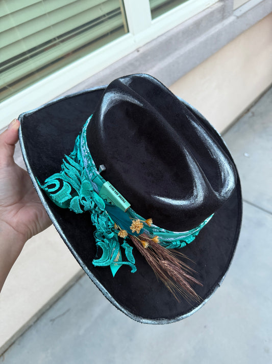 Black turquoise tooled leather suede wide brim rancher hat